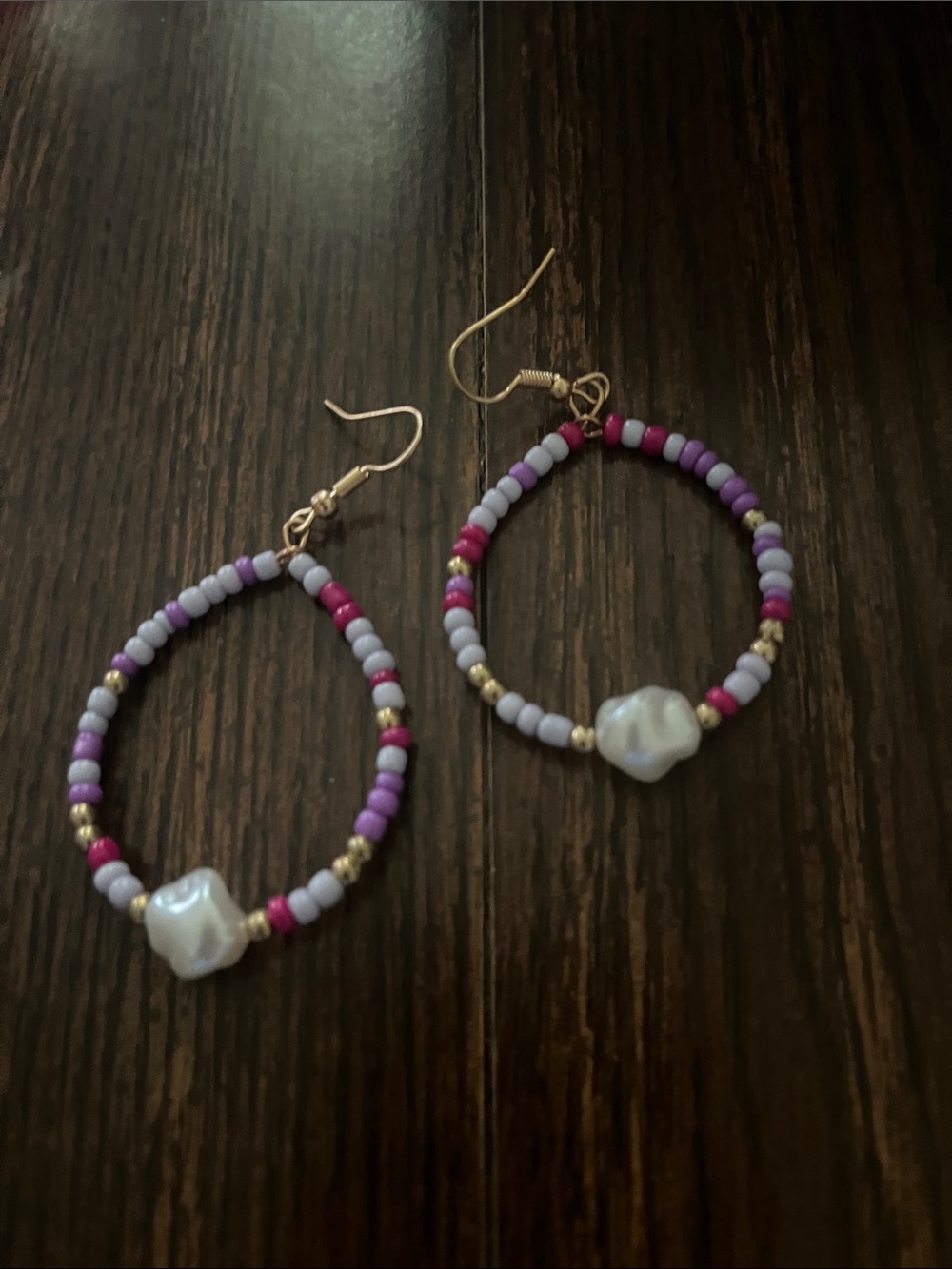 Beaded Hoop Earrings with Pearl Accent - Purple & Pink hand made never worn